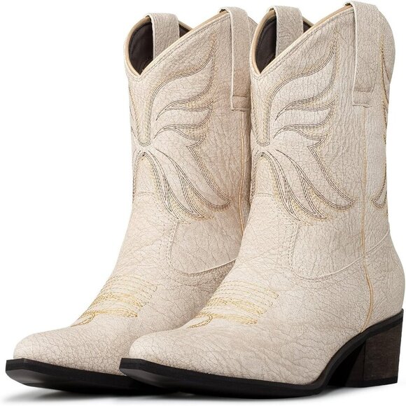 🆕 Women's White Snip Toe Western Ankle Boots Faux Leather Cowgirl Booties - Picture 5 of 6